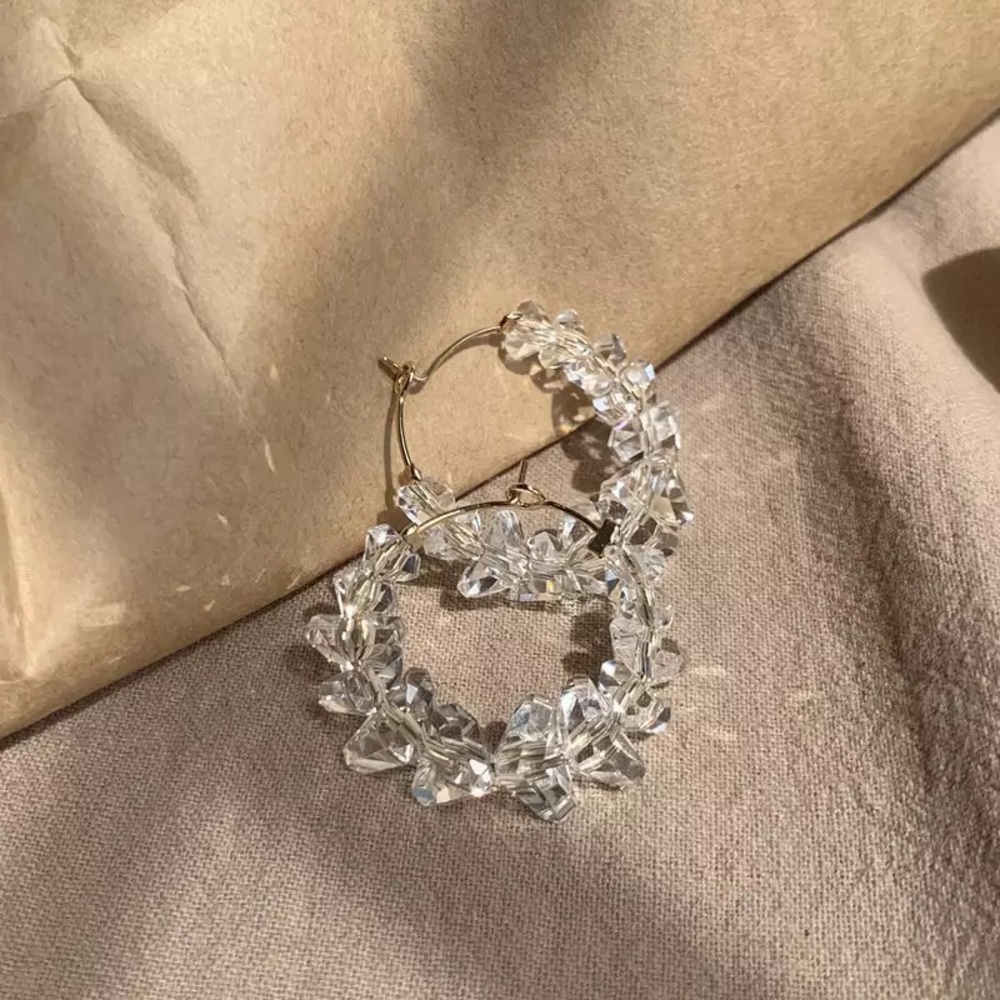 White Crystal Stone Gold Wire Hoop Earrings